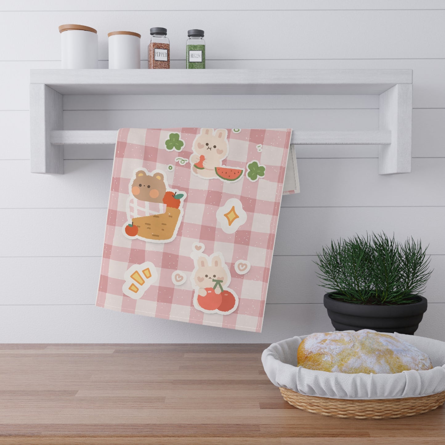 Cute Picnic Bunny & Bear Pink Gingham Tea Towel — Cotton Kitchen Hand Towel
