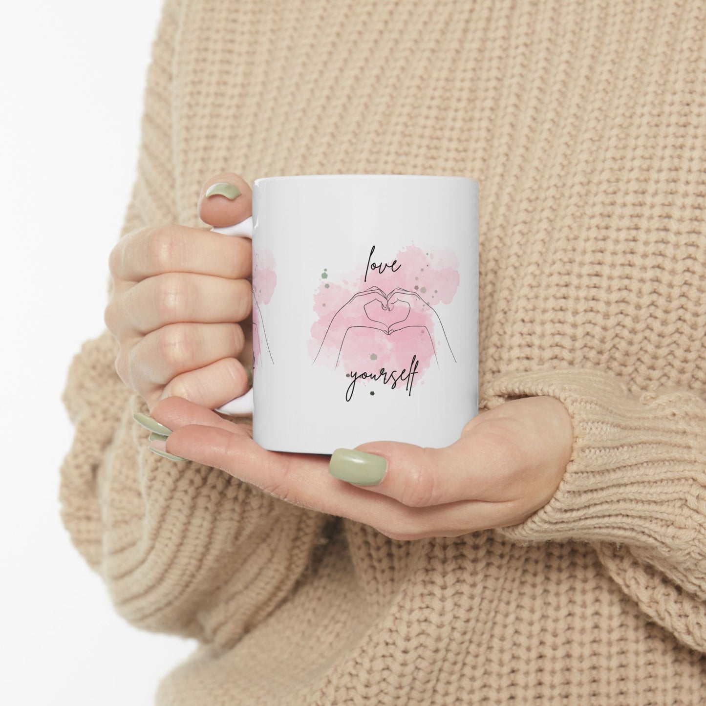Love Yourself Ceramic Mug — Pink Heart Hand Gesture Coffee Cup (11oz & 15oz)