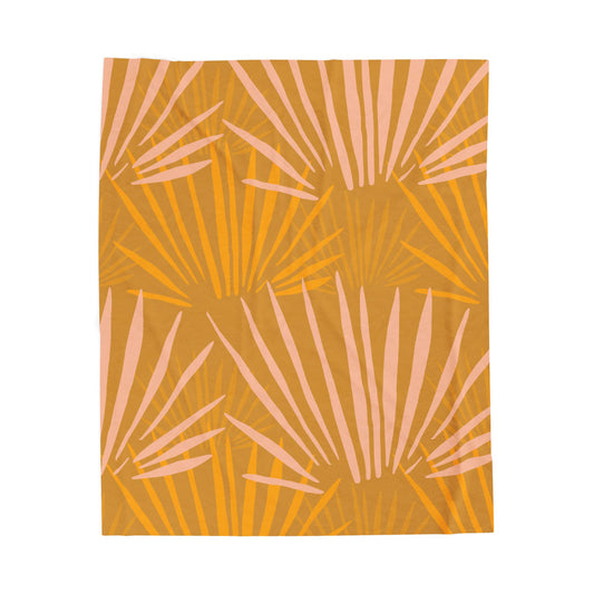 Velveteen Plush Blanket — Warm Mustard Palm Leaf Throw
