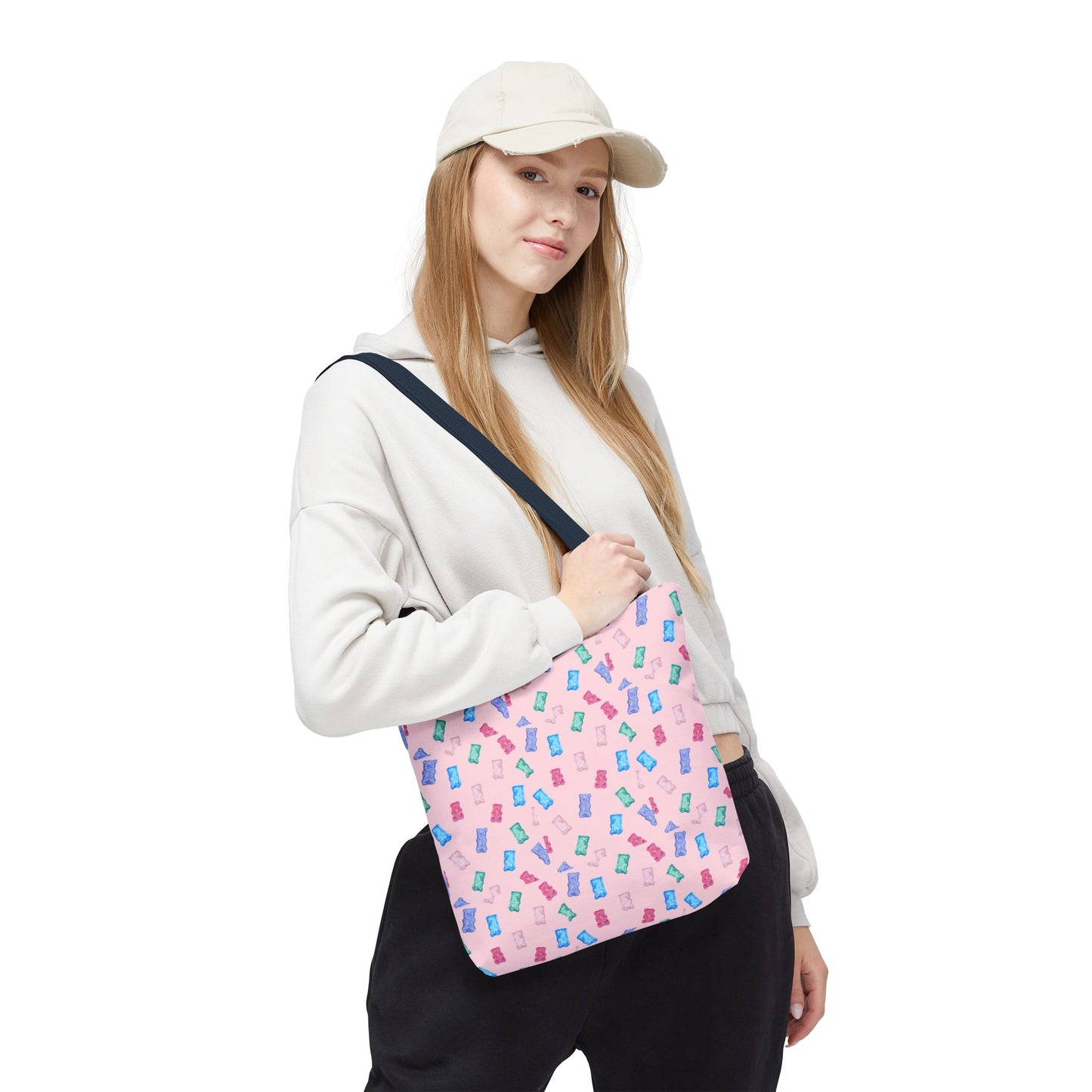 Pastel Candy Wrapper Pattern Tote Bag – Cute Pink AOP Grocery & Everyday Shopper