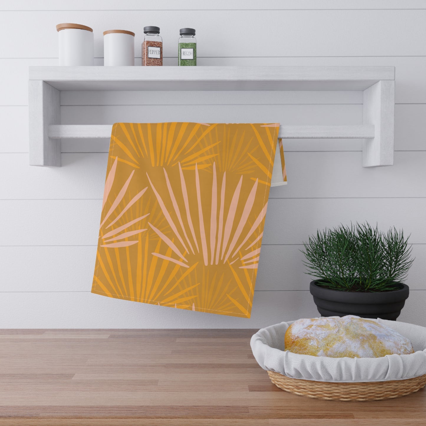 Palm Leaf Pattern Tea Towel — Warm Mustard Kitchen Linen
