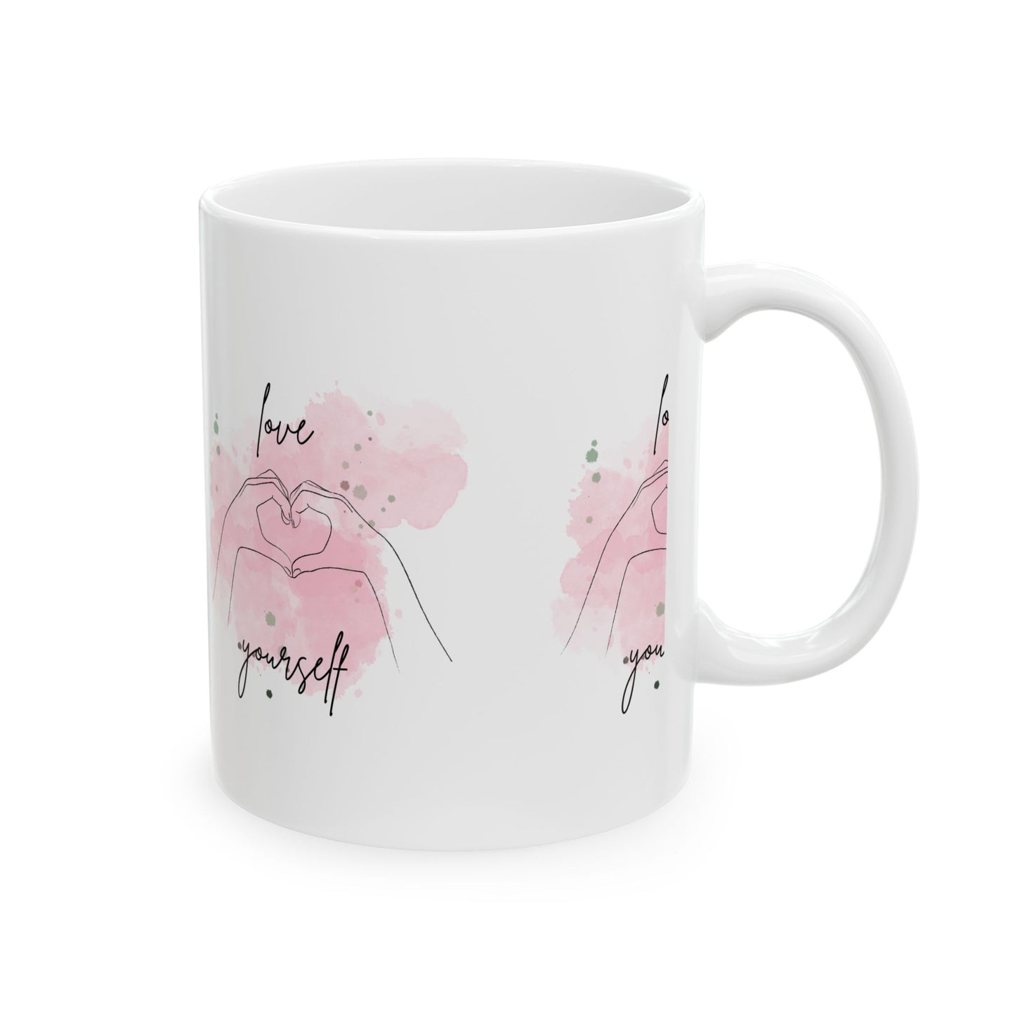 Love Yourself Ceramic Mug — Pink Heart Hand Gesture Coffee Cup (11oz & 15oz)