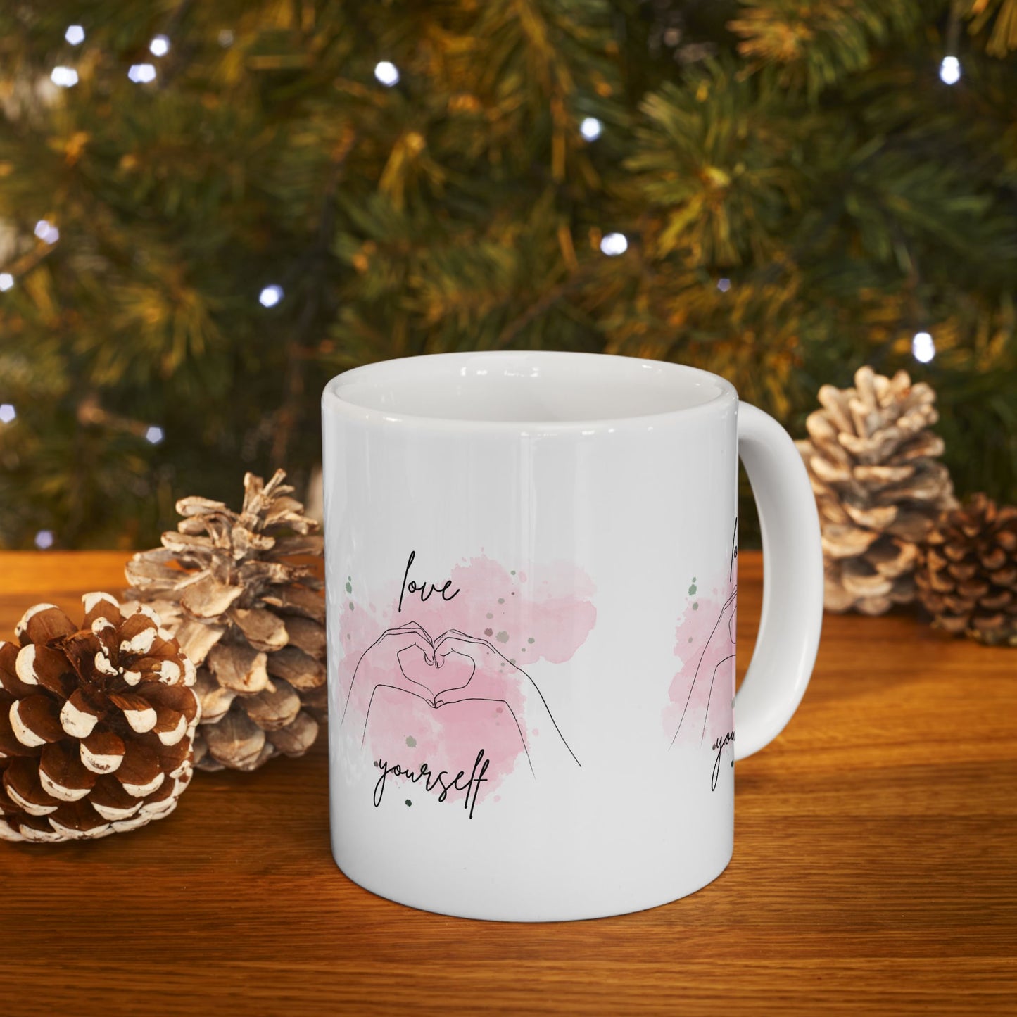 Love Yourself Ceramic Mug — Pink Heart Hand Gesture Coffee Cup (11oz & 15oz)
