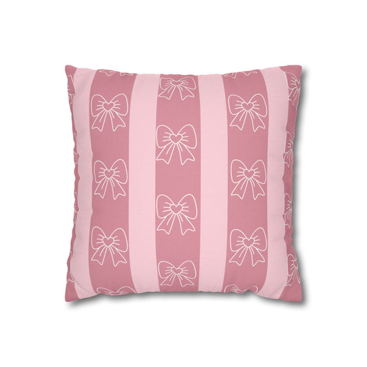 Pink Bow Stripe Pillowcase — Decorative Square Throw Pillow