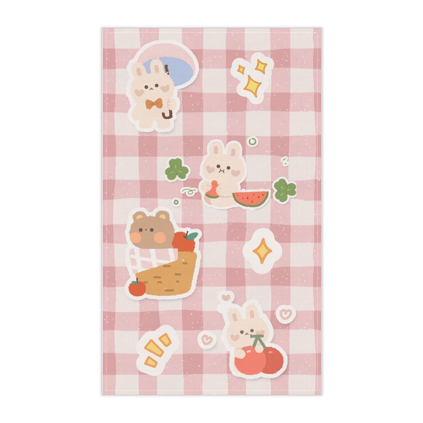 Cute Picnic Bunny & Bear Pink Gingham Tea Towel — Cotton Kitchen Hand Towel