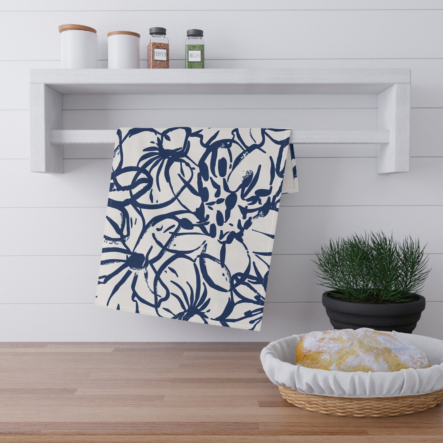 Floral Indigo Tea Towel — Hand-Drawn Navy Flower Kitchen Towel