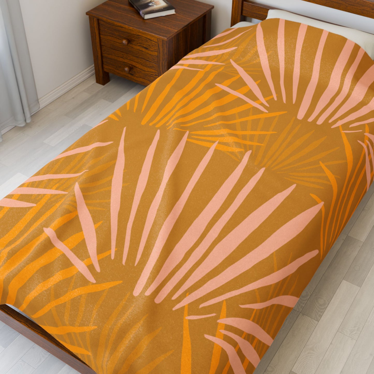 Velveteen Plush Blanket — Warm Mustard Palm Leaf Throw