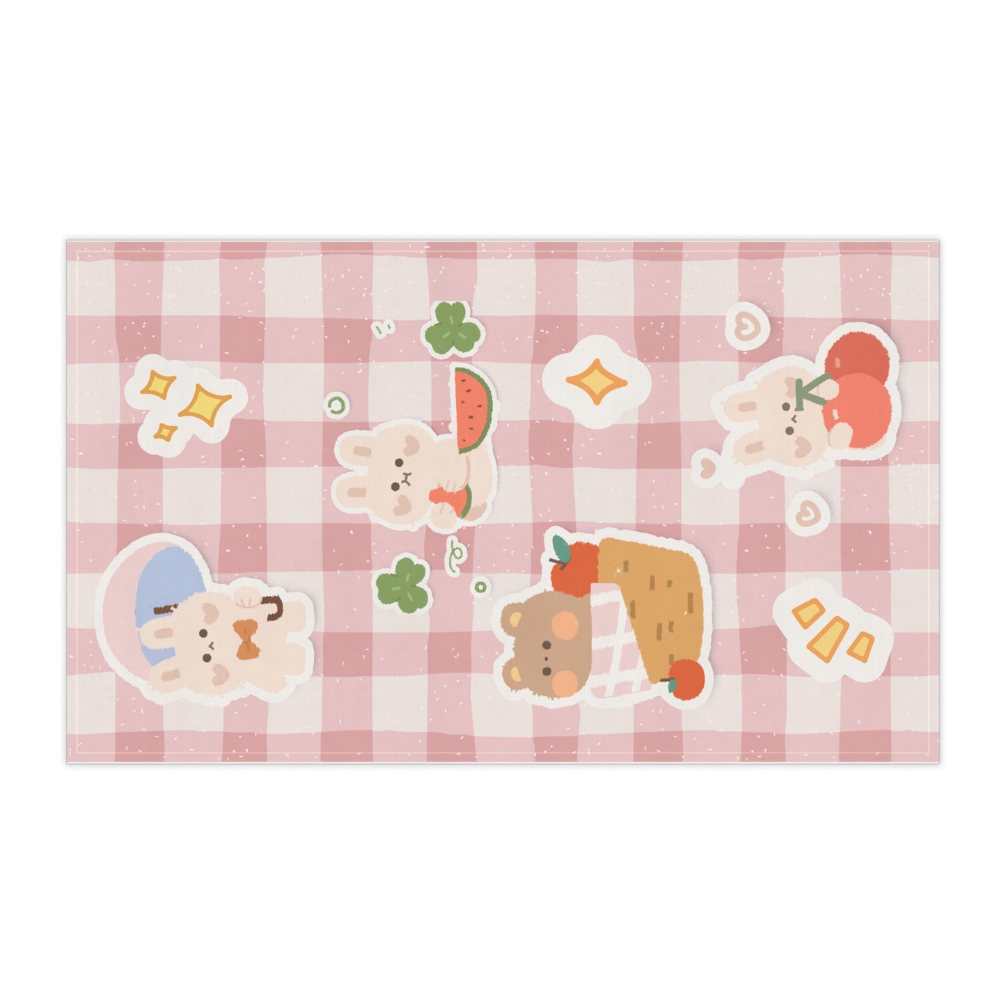 Cute Picnic Bunny & Bear Pink Gingham Tea Towel — Cotton Kitchen Hand Towel