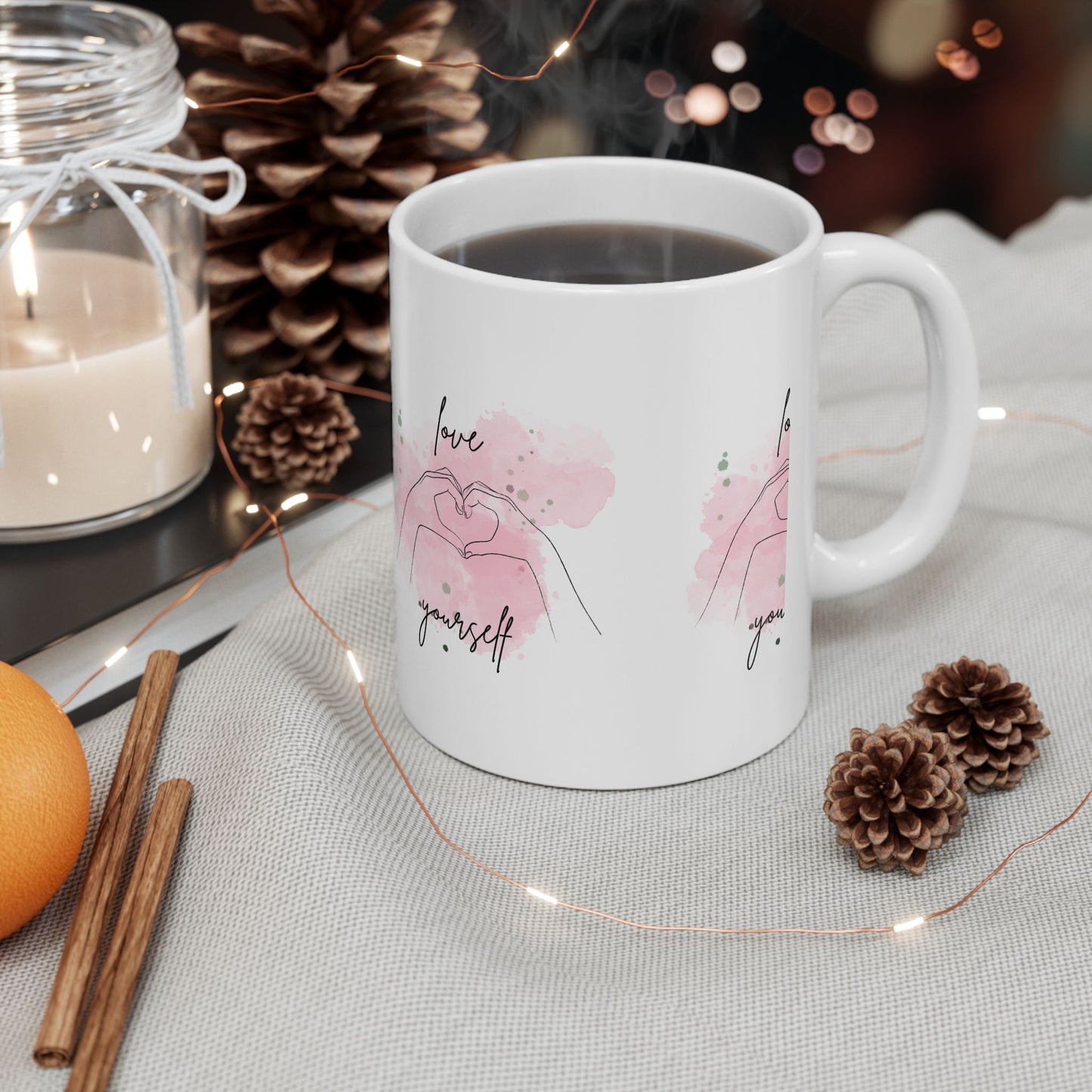 Love Yourself Ceramic Mug — Pink Heart Hand Gesture Coffee Cup (11oz & 15oz)