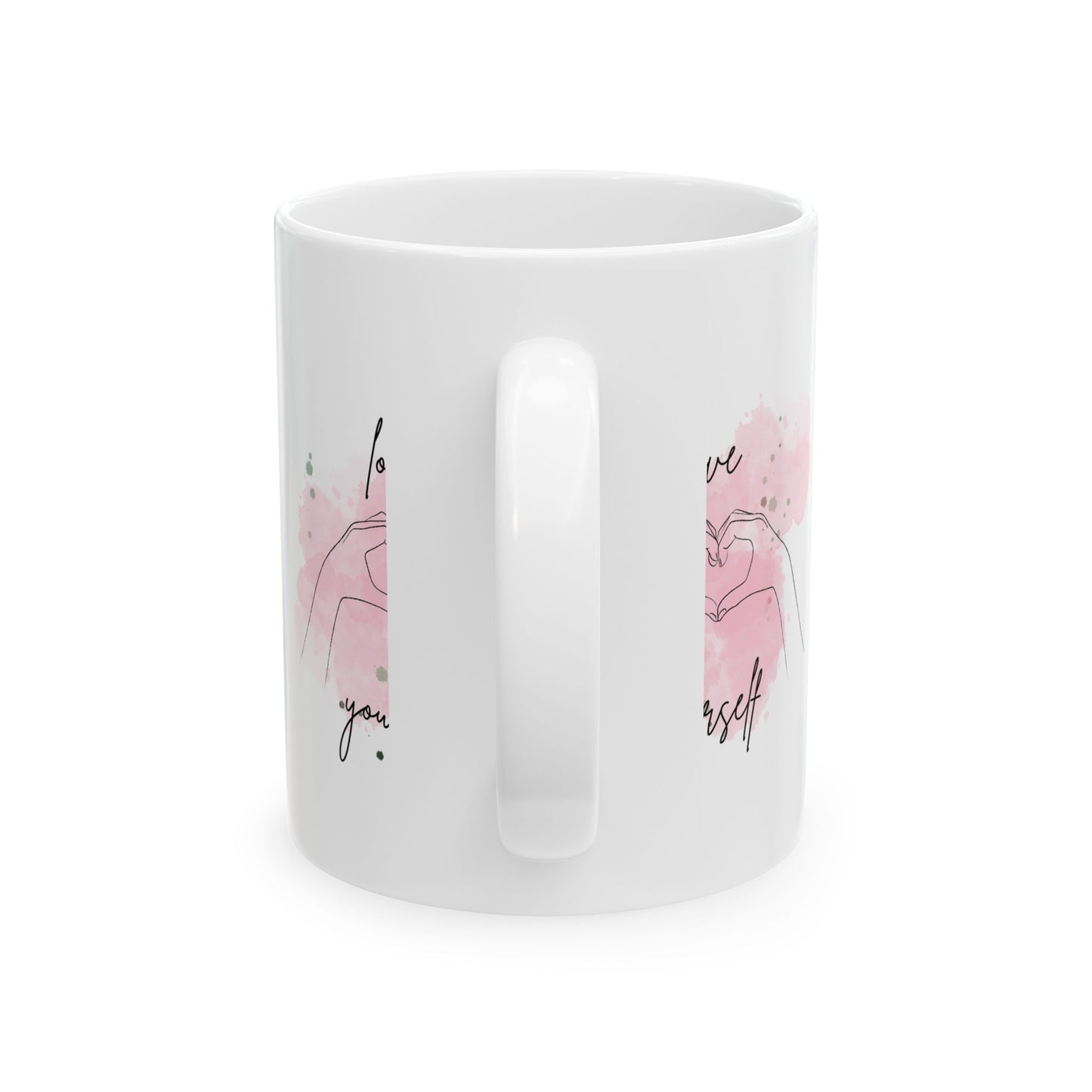 Love Yourself Ceramic Mug — Pink Heart Hand Gesture Coffee Cup (11oz & 15oz)