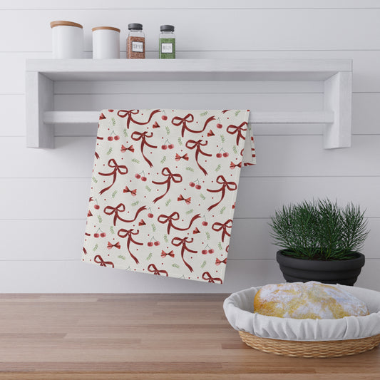 Holiday Ribbon & Holly Tea Towel — Festive Red Bows Kitchen Towel