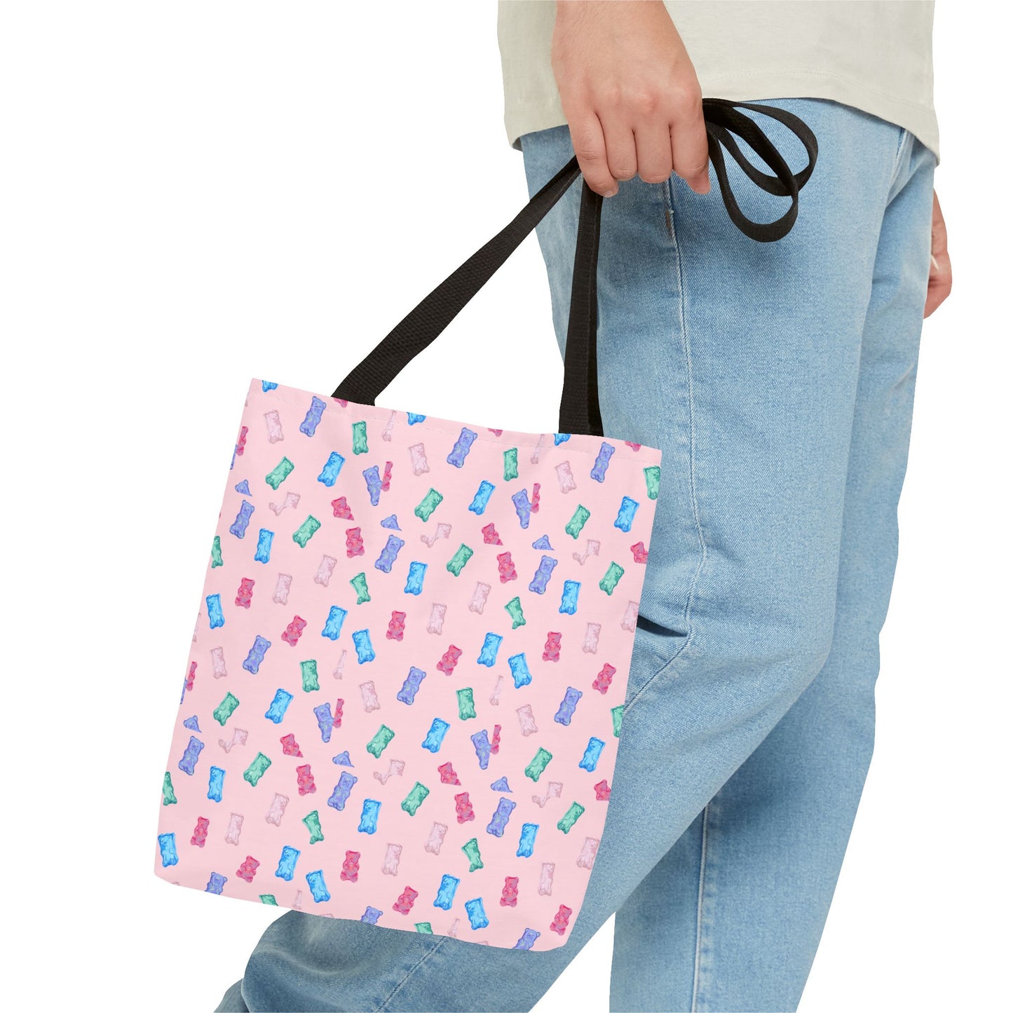 Pastel Candy Wrapper Pattern Tote Bag – Cute Pink AOP Grocery & Everyday Shopper