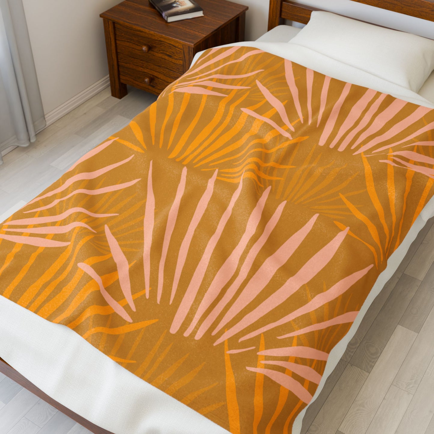 Velveteen Plush Blanket — Warm Mustard Palm Leaf Throw