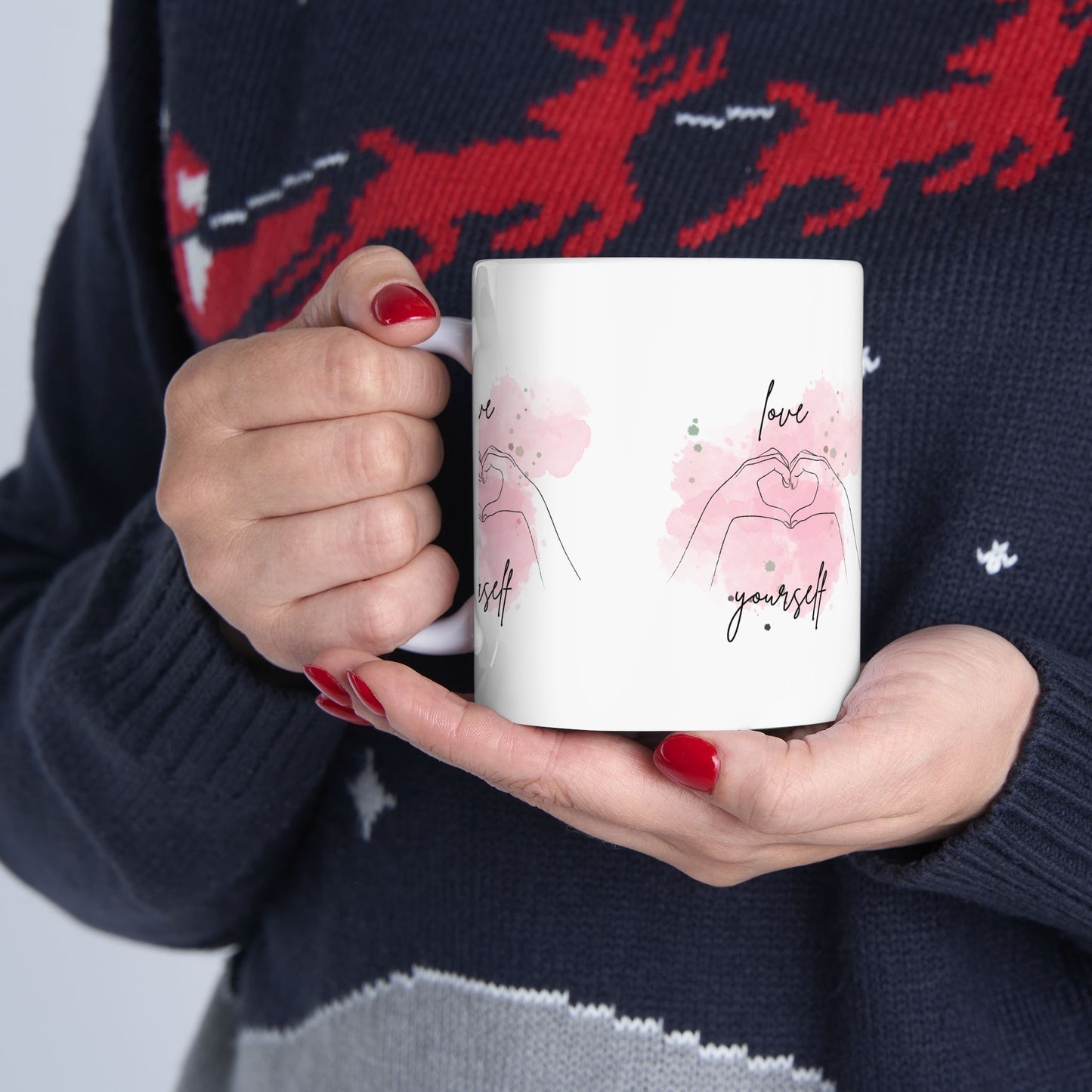 Love Yourself Ceramic Mug — Pink Heart Hand Gesture Coffee Cup (11oz & 15oz)