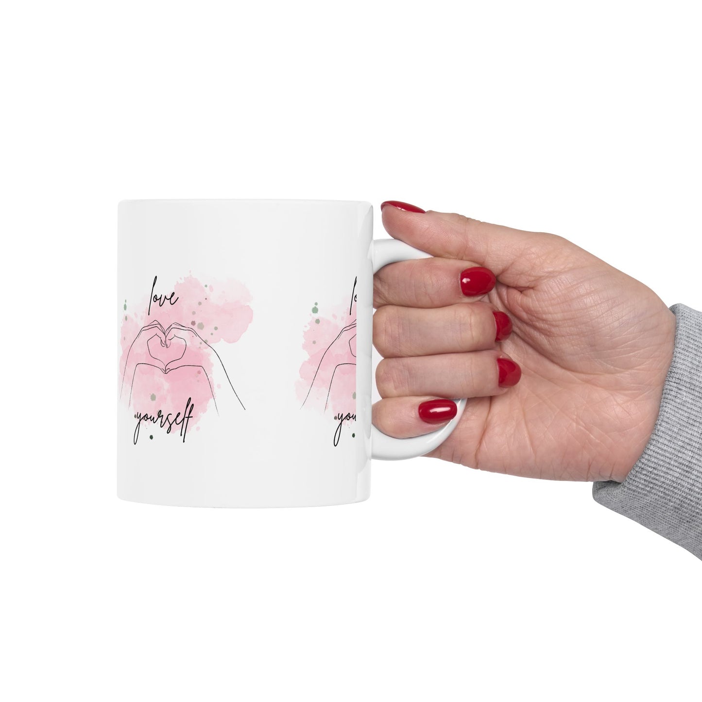 Love Yourself Ceramic Mug — Pink Heart Hand Gesture Coffee Cup (11oz & 15oz)