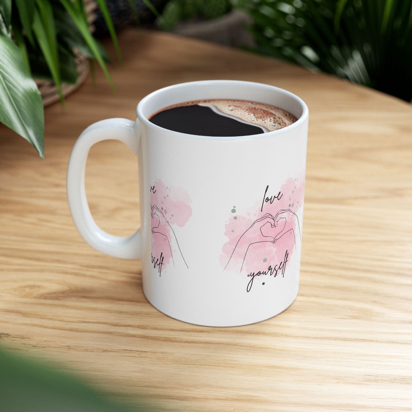 Love Yourself Ceramic Mug — Pink Heart Hand Gesture Coffee Cup (11oz & 15oz)