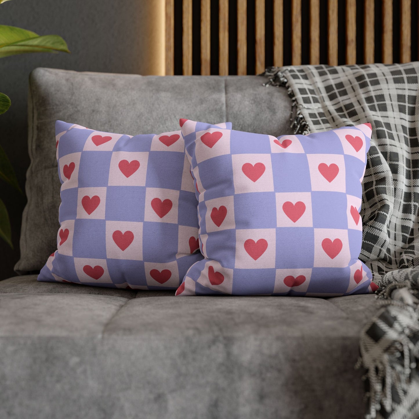 Heart Checker Pillowcase — Lavender & Pink Cute Decorative Throw Pillow Cover