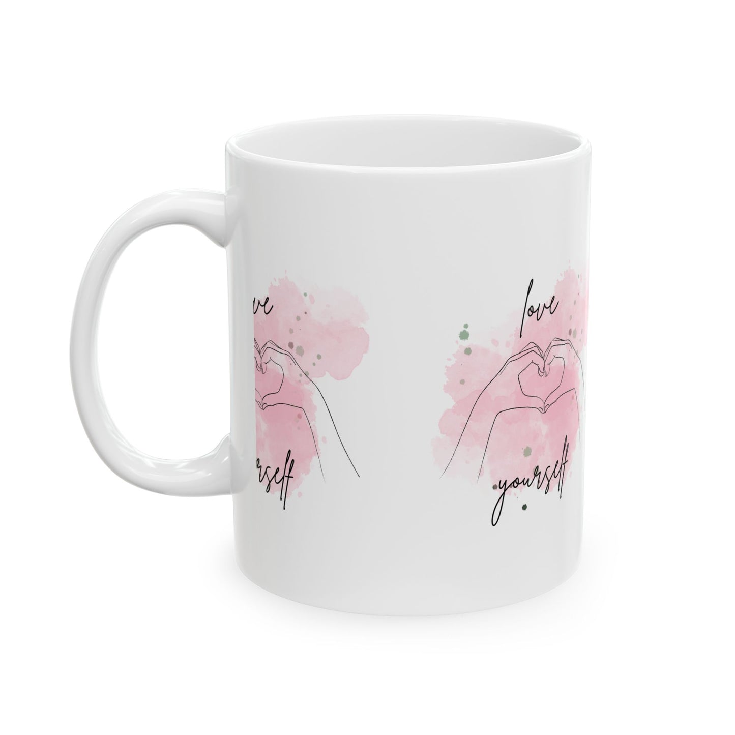 Love Yourself Ceramic Mug — Pink Heart Hand Gesture Coffee Cup (11oz & 15oz)