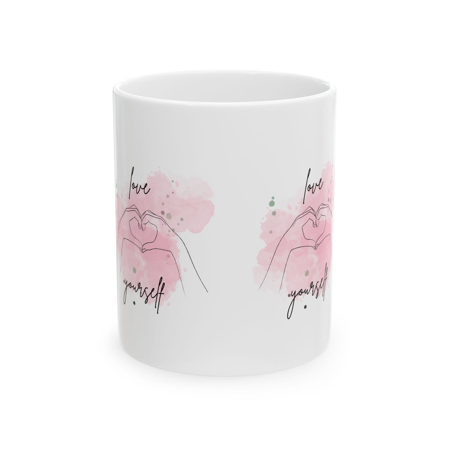 Love Yourself Ceramic Mug — Pink Heart Hand Gesture Coffee Cup (11oz & 15oz)