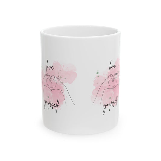 Love Yourself Ceramic Mug — Pink Heart Hand Gesture Coffee Cup (11oz & 15oz)