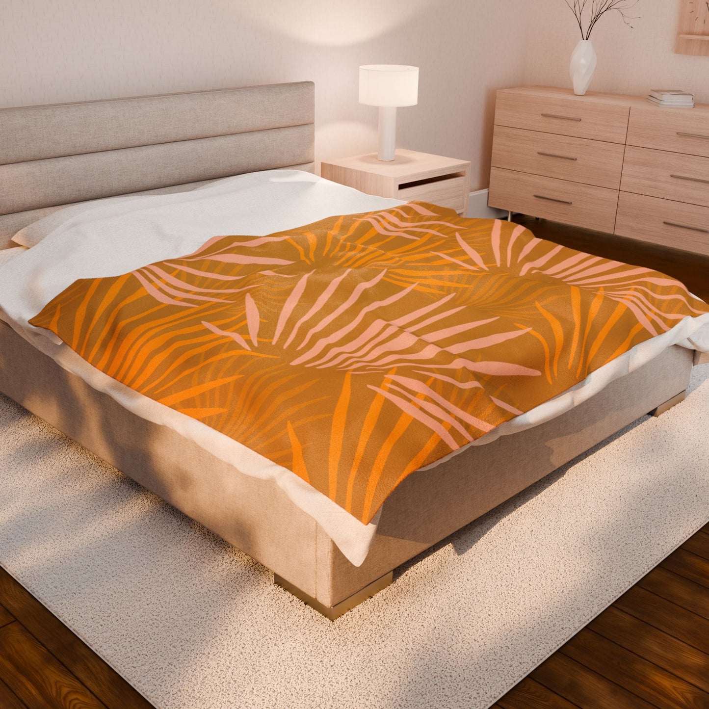 Velveteen Plush Blanket — Warm Mustard Palm Leaf Throw
